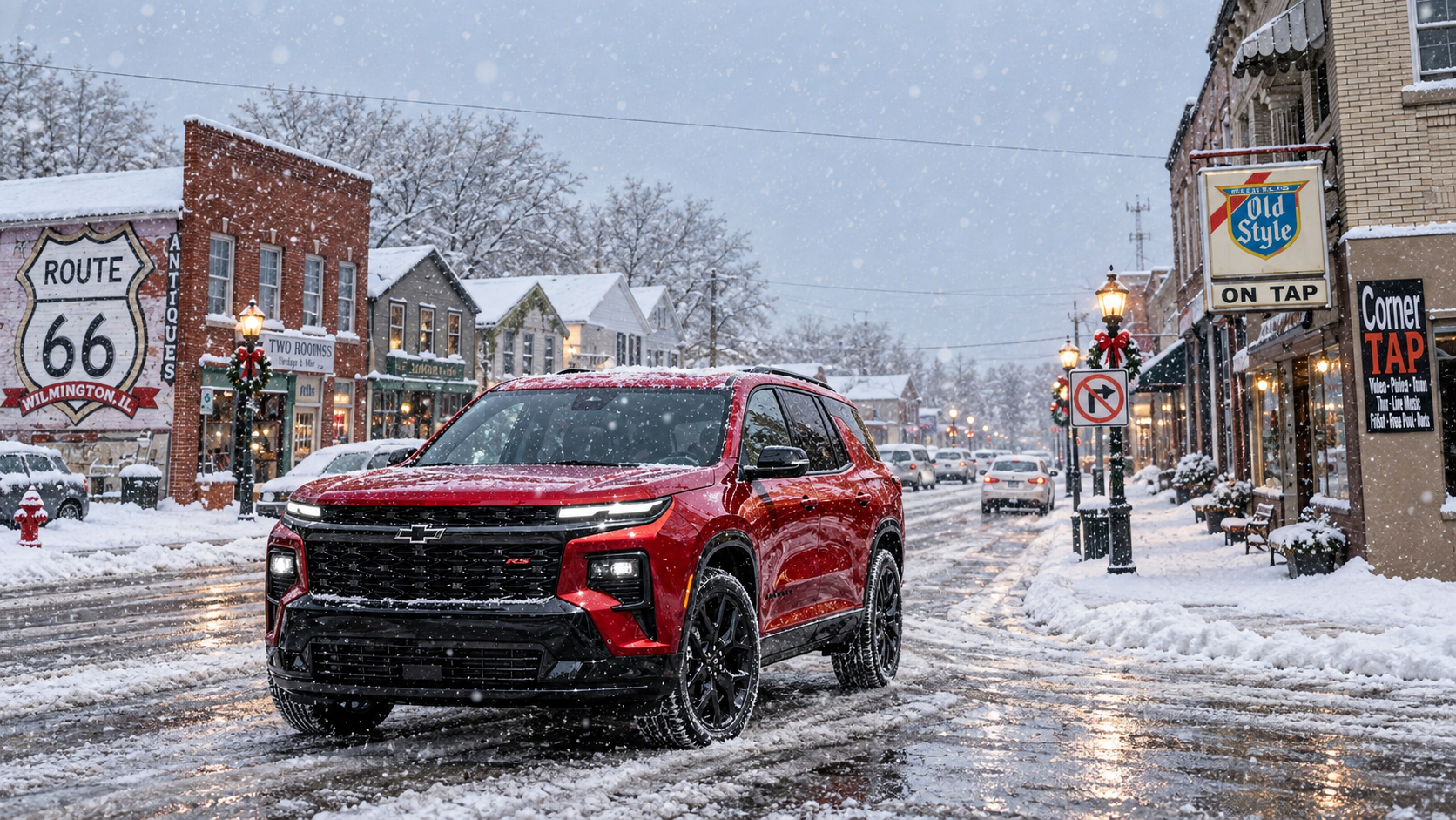 2027 Chevrolet Traverse shown in a snowy Route 66 setting in Wilmington, Illinois.